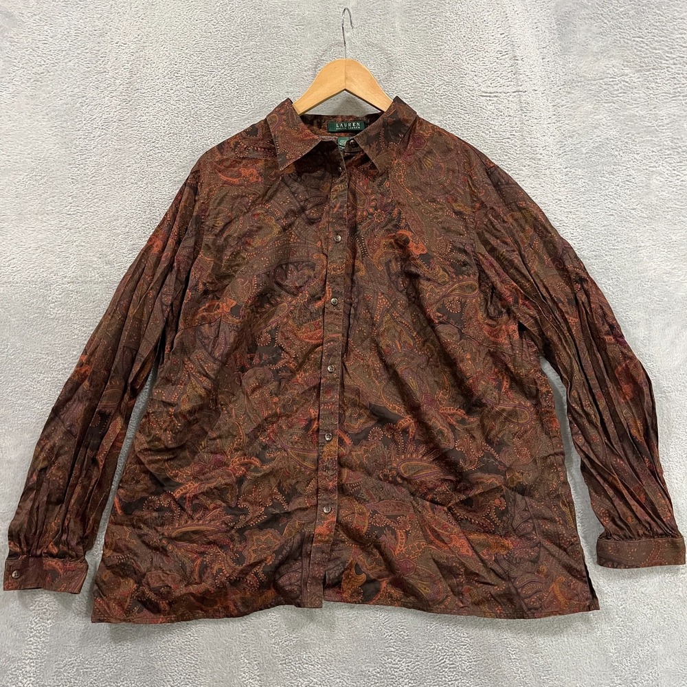 Lauren Ralph Lauren Shirt Womens 2X Paisley Button Up Peasant Boho Office Career